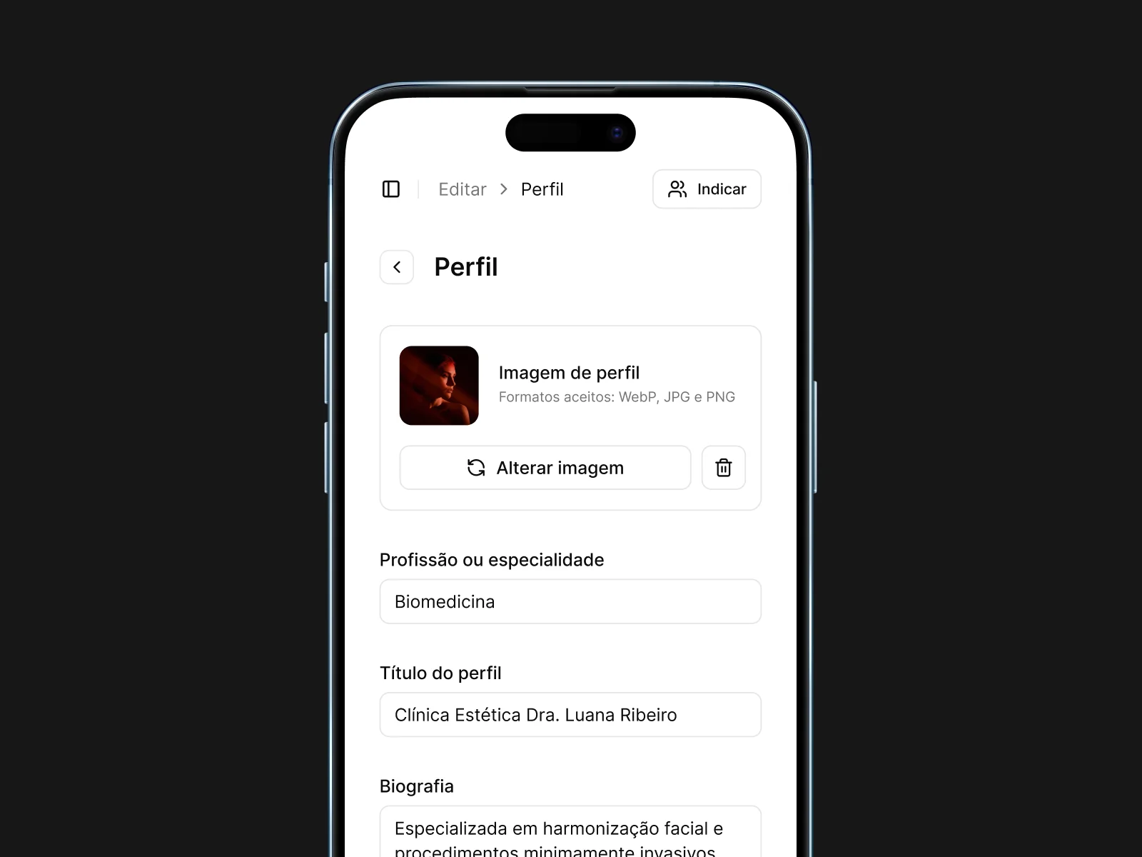 Imagem da tela de edição do perfil da Plinfy