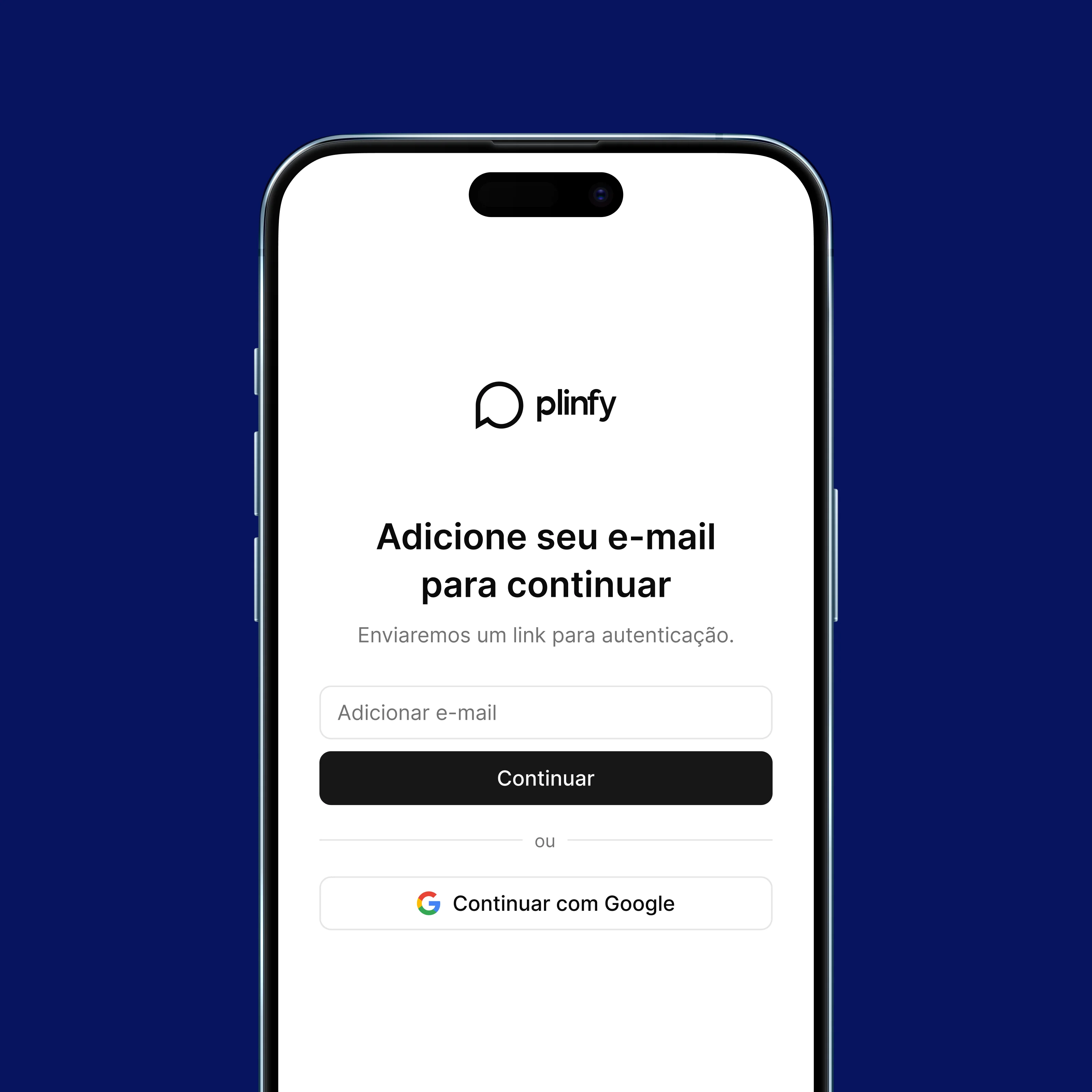 Imagem de um celular com a página de login da Plinfy